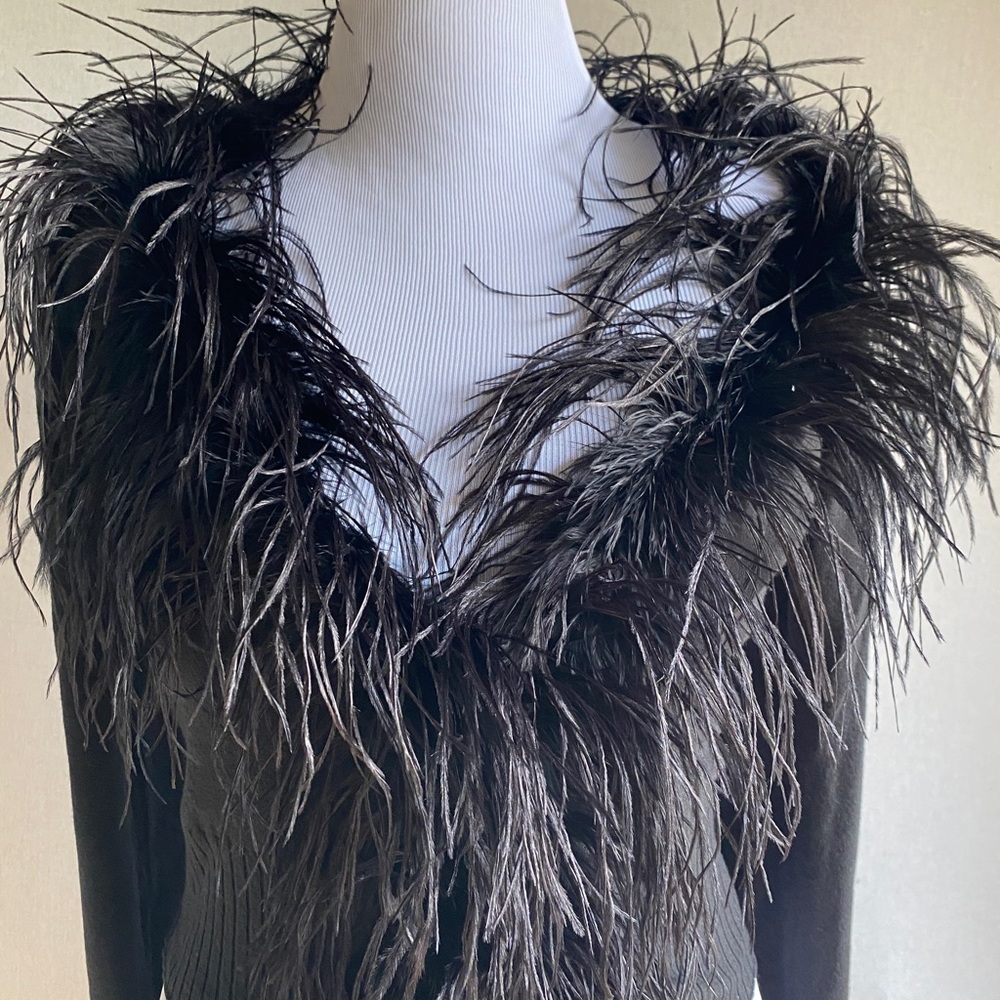 Love Sex Money Black Ostrich Fur Collar Cardigan Sweater Stretch Made Italy